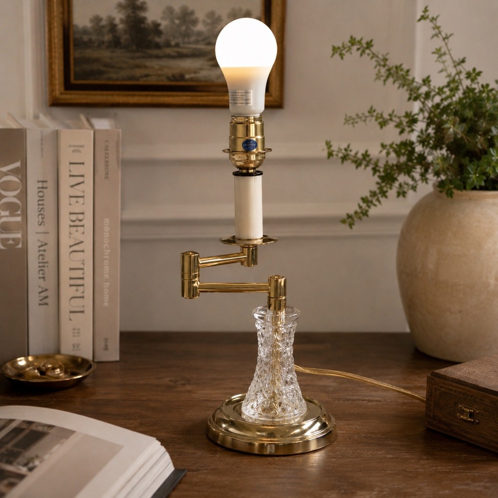 VTG Leviton Swing‎ Arm Desk Lamp Crystal Brass Hollywood Regency Table Light